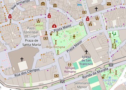 Mapa del casco viejo de Lugo con el centro señalado en la Plaza Mayor